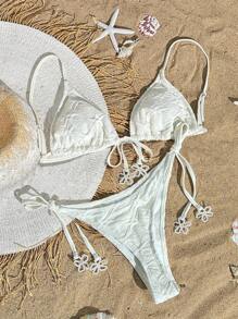 Swim Mod 夏季海灘單色三角杯比基尼套裝，搭配肩帶和人造珍珠裝飾 - 白色 - 查看 1