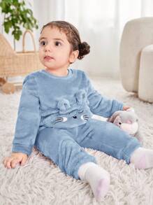 Babygirl Cute Cartoon Pattern Fluffy Long Sleeve Top And Elastic Waist Pants Set, Autumn/Winter Cute Sets Baby Girl Winter Clothes Baby Girls Sets Baby Girl Warm Sets 2 Pieces Winter Clothing Fall - Blue - View 4