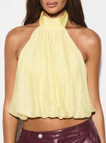 KIZN 露背泡泡袖短款上衣蝴蝶结褶皱雪纺夏季派对节日衬衫露背晚会场合穿着