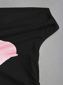 Sweetra Women's Casual Floral Printed Ruched Oblique Shoulder Top - Black - View 3