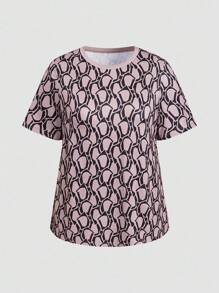 SHEIN 2pcs/Set Plus Size Beach Vacation Casual All-Over Print T-Shirt And Pants Set - Coffee Brown - View 4