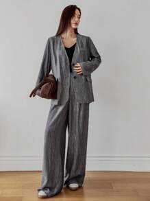 Dazy-Less 女士纹理条纹宽松商务休闲通勤办公室装衬衫开衫和直筒裤套装，适合秋季、春季和夏季 - 深灰色 - 查看 7