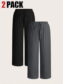 SHEIN EZwear 2 件大码女式休闲纯色抽绳腰斜口袋宽腿宽松裤 - 深灰色 - 查看 6