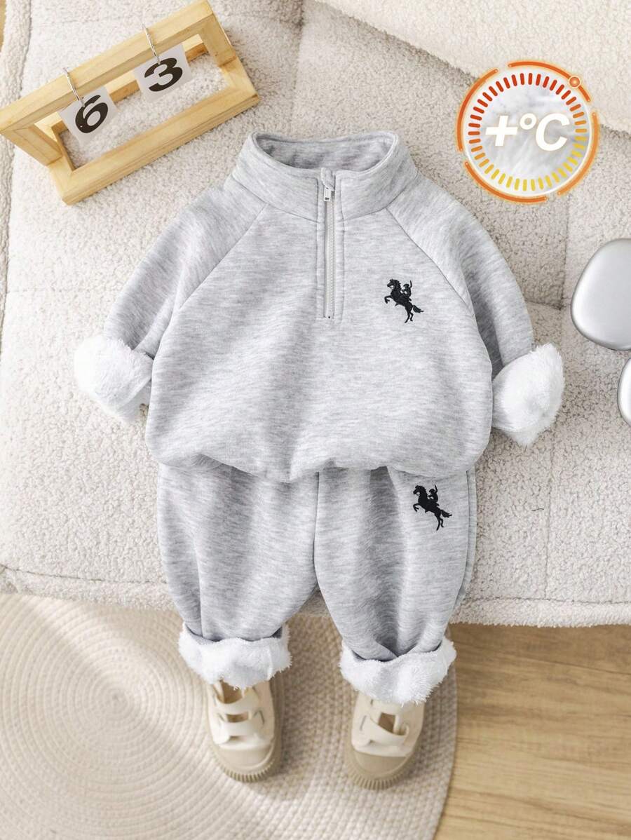 SHEIN 2 件套男童/女童休闲加厚羊毛拉链连帽夹克和松紧腰羊毛裤运动服，男女通用婴儿冬装 - 彩色 - 查看 1