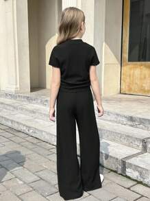 SHEIN Comfortable Polyester Plain Black Co-Ords With Regular Sleeves And Relaxed Fit For Tween Girls Tween Girl Wide Leg Pants Girls Wide Leg Pants Set Girls Black Wide Leg Pants Tween Girl Wide Leg Pants Outfit Tween Girls Summer Outfit Girls Wide Leg Pants Outfit Teen Girl Wide Leg Pants Outfit Tween Girls Wide Leg Pants Set Teen Girls Wide Leg Pants Outfit Girls Black Wide Leg Pants Set - Black - View 2