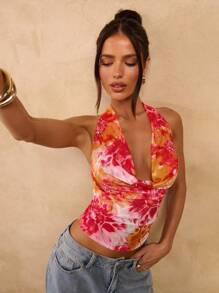 SHEIN BAE Áo crop top hở lưng in họa tiết hoa gợi cảm cho nữ khi đi nghỉ - Đỏ - Xem 7