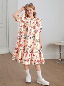 SHEIN Leap Crew Tween Girls Oversized Vintage Cartoon Pattern Ruffle Hem Bubble Short Sleeve Dress - Apricot - View 5