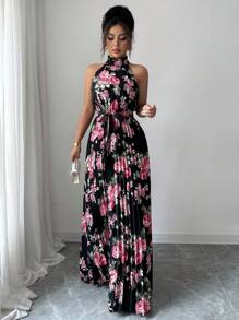 Elenzga Halloween Costume Ruffle Sleeveless Halter Waist A-Line Printed Elegant Romantic Dress For Women