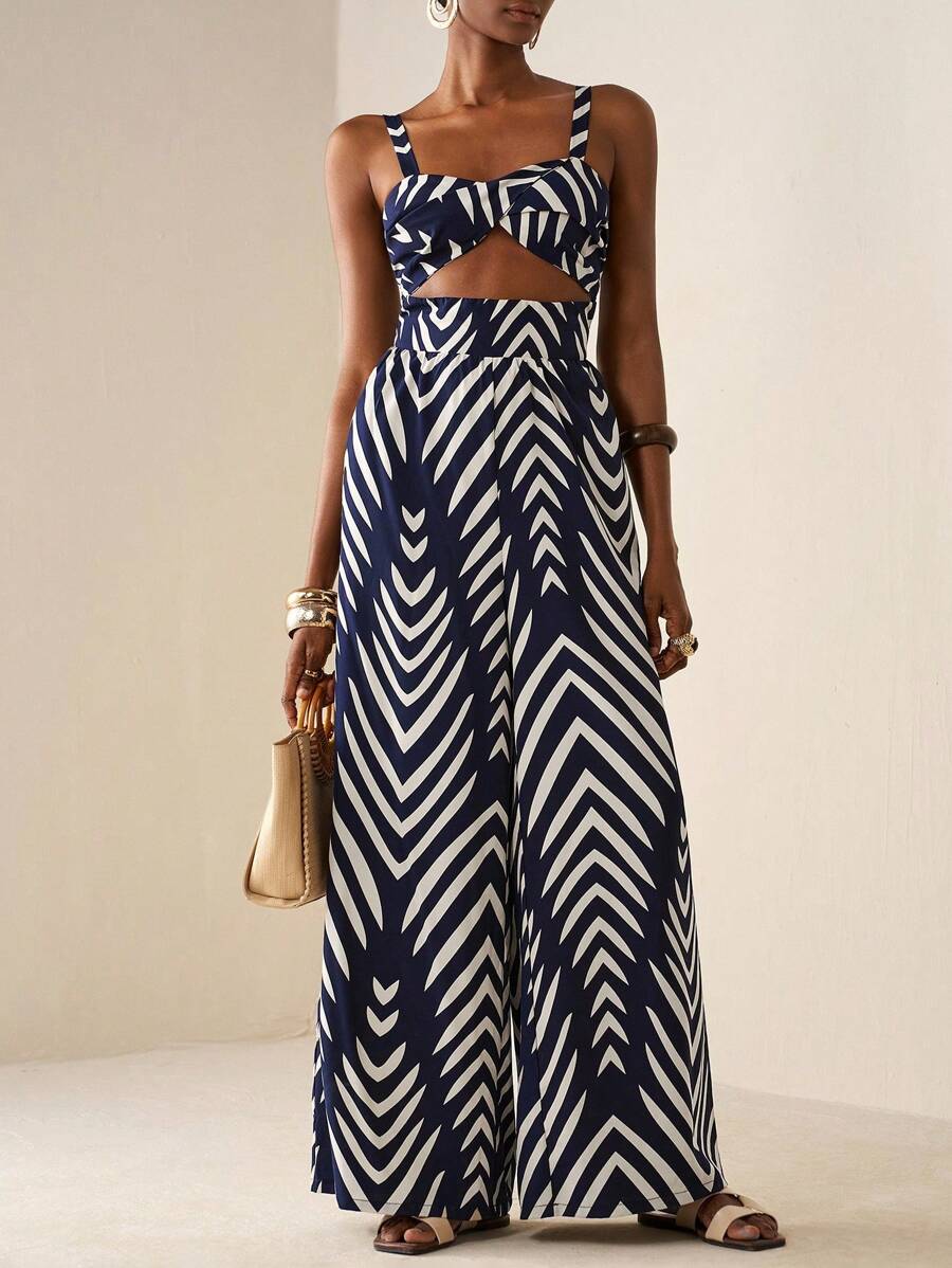 Zivah 2025 新款夏秋休闲度假扭纹吊带镂空后背印花女长款连体衣，藏青色，婚礼季，派对，度假，海滩海边度假，波西米亚风，毕业装，日常旅行，早午餐装，旅行，机场装 - 藏蓝色 - 查看 1