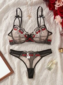 SHEIN Bộ đồ lót lưới thêu họa tiết quả anh đào gợi cảm 2 món cho nữ, thời trang và dễ thương - màu đen - Xem 1