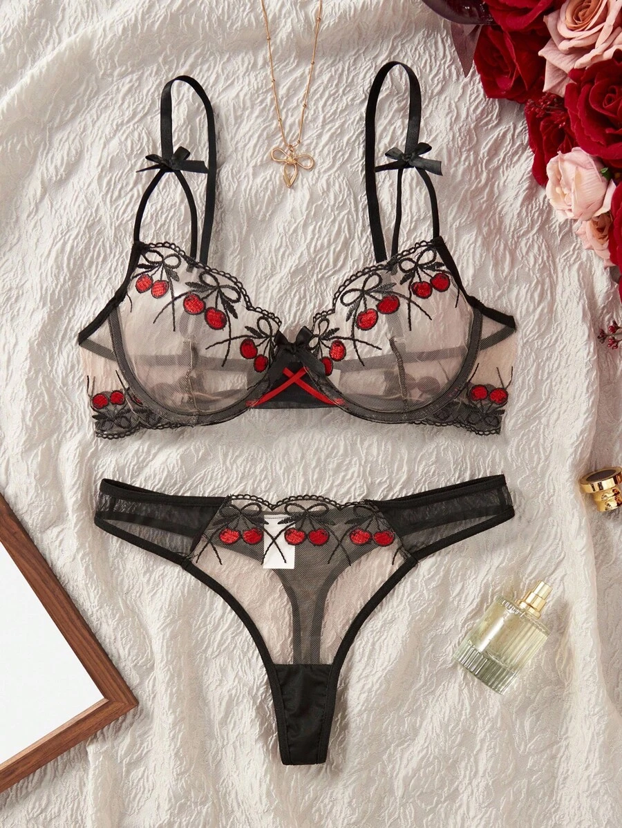 SHEIN Bộ đồ lót lưới thêu họa tiết quả anh đào gợi cảm 2 món cho nữ, thời trang và dễ thương - màu đen - Xem 1