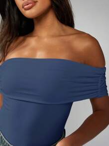 MISSGUIDED 露肩翻领紧身衣晚会芭铎风格褶皱修身连体衣休闲夏季俱乐部装优雅场合紧身衣 - 藏蓝色 - 查看 6