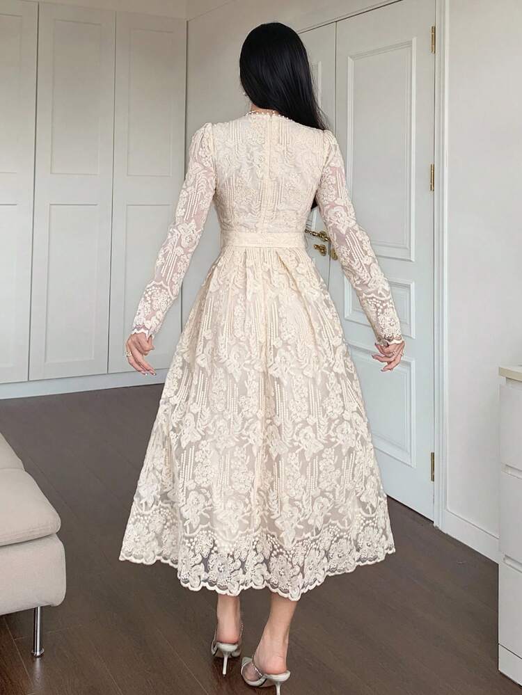 Delicate High-End Lace Tie-Cinched Waist Embroidered Dress, Soft Korean Style Graceful Age-Reducing Midi Dress Summer Women Dresses