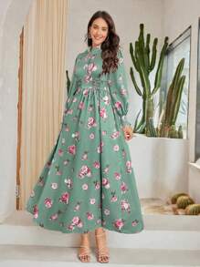 Modelyn Ramadan Floral Printed Shirt Dress With Front Tie For Women - Green - View 2