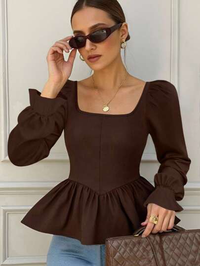 Cévolie 1 pieza Camisa de manga larga con cuello cuadrado y bajo con volantes, moda para oficina