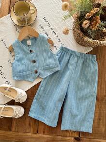 LMoss Kids LMoss Baby Girl Woven Solid Color Top And Loose Casual Long Pants Set - Blue - View 7