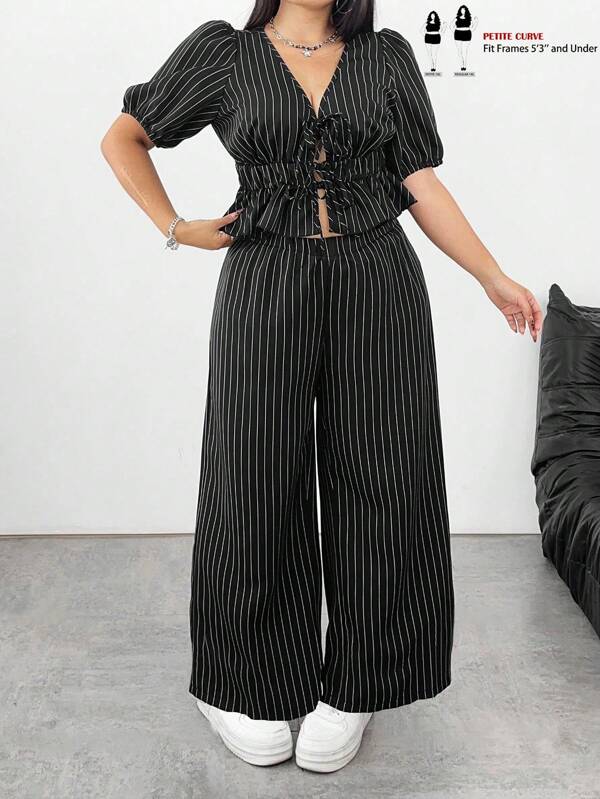 SHEIN PETITE Set de 2 piezas Talla grande Blusa corta casual de escote en V de manga corta con lazo delantero y rayas y Pantalones rectos y relajados a juego