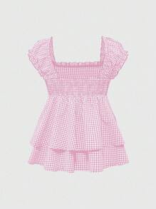 Kawaii Áo sơ mi kẻ caro cổ vuông chữ A dễ thương phong cách cô gái trong sáng và ngây thơ - Hồng - Xem 2