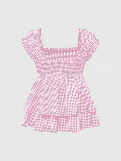 Kawaii Style pur et innocent de fille - Chemise à carreaux ligne A avec col carré décoré d'un nœud mignon