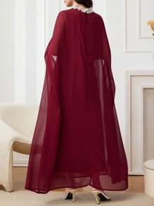 Modelyn Đầm tay cánh dơi đính ngọc trai trang trí cho nữ & Đầm không tay thanh lịch 2 món - Màu Đỏ Sâu - Xem 2