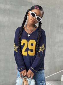 SHEIN Tween Girls Digital Pattern Hollow Out Knitted Sweater,In Fall/Winter - Blue - View 5