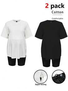 SHEIN 1套孕妇纯色两件套 - 黑與白 - 查看 1
