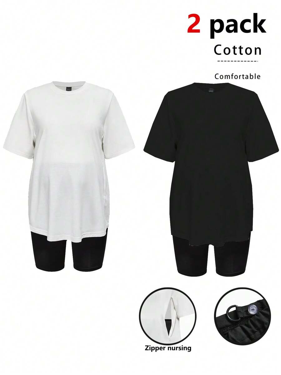 SHEIN 1套孕妇纯色两件套 - 黑與白 - 查看 1