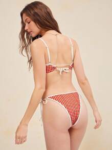 WESTFADE Gingham Check Ruffle Bow Tie Back Bikini Top Summer Beach Vacation - Red - View 2