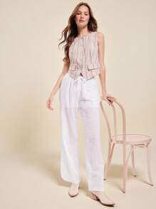 WESTFADE Pantalón ancho de verano de pierna suelta con cintura con cordón y tela de algodón 100% con bordado de flores, para vacaciones del 4 de julio - Blanco - Ver 1