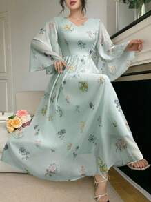 Modelyn 女士优雅花卉印花长款喇叭袖连衣裙 - 綠色 - 查看 5