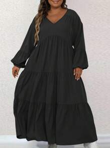 SHEIN LUNE Plus Size Solid Color Lantern Sleeve Brown Fall Dress, Spring Autumn Maxi Women Outfit - Black - View 4