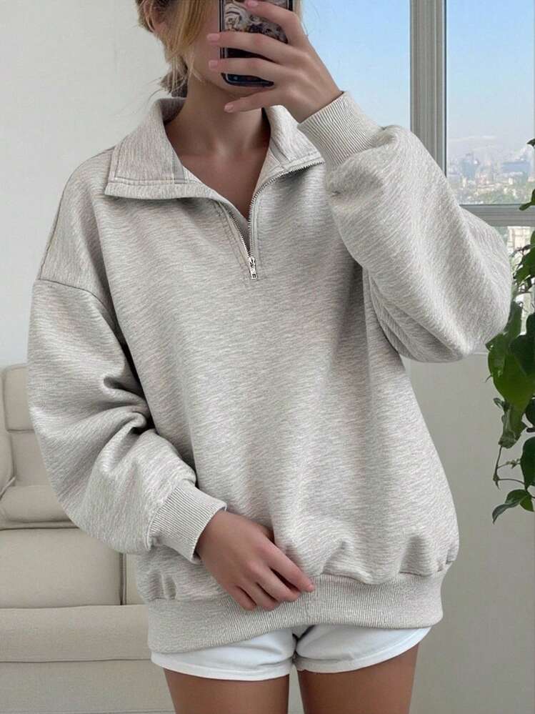 SHEIN Tween Girl Casual Basic Half-Zip High Neck Heather Gray Sweatshirt,In Fall/Winter - Grey - View 1