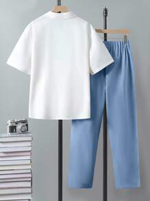 SHEIN 2 件套青少年男孩绅士装 - 白色修身短袖衬衫 + 卡其色长裤，绅士西装套装，商务优雅，学校，生日派对，日常休闲，婚礼，婚礼嘉宾，花童，戒指男孩 - 霧霾藍 - 查看 2