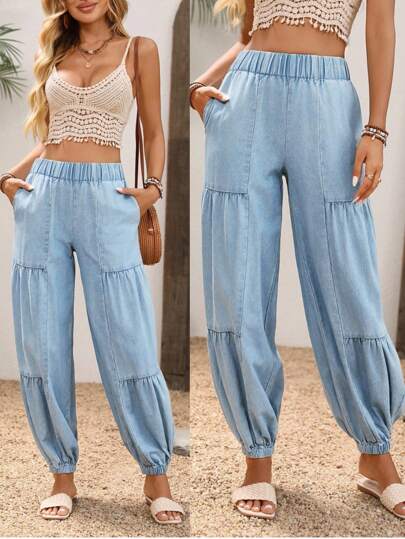 Breezaya Women's Elastic Waist Pocket Loose Wide Leg Ankle-Length Jeans