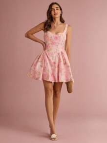 Enchnt Vestido mini lindo de princesa con cuello de corazón, sin mangas, con estampado de rosas color rosa pastel para mujer, para otoño/invierno