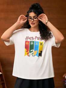 HARRY POTTER X SHEIN Camiseta de Manga Curta com Gola Redonda, Estampa de Letra e Animal Colorido, Plus Size