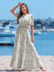 Sylviya 花卉印花双层收腰拼布波西米亚音乐节连衣裙，休闲夏日假期 - 彩色 - 查看 4