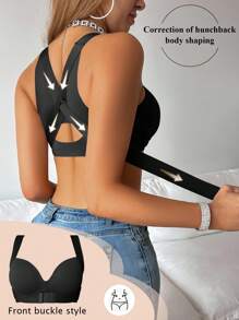 SHEIN 1pc Women's Front Closure Wire-Cup Bra, Lift & Enhance, Anti-Sagging, Posture Correcting, Smoothing, Sports Bra - Black - View 5