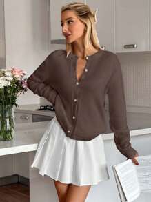 EURMUSE Women's Plain Drop Shoulder Long Sleeve Single Breasted Casual Knit Cardigan - Brown - View 1