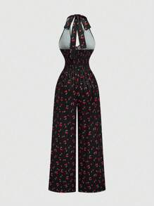 SHEIN PETITE Plus Size Cherry Print Casual Halter Jumpsuit
