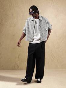 SUMWON 经典纽扣工作衬衫竖条纹图案长袖休闲宽松棉混纺商务休闲办公室专业必备衣橱单品 - 黑與白 - 查看 3