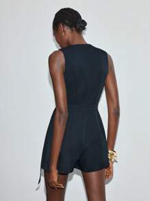 Maija Plain Navy Blue Short Jumpsuit With Classic Round Neck And Modern Casual Style Dark Blue Dress Mini Dress Sleeveless Dress - Navy Blue - View 3