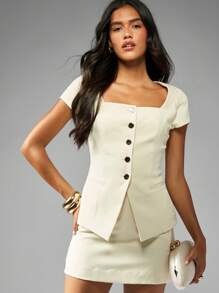 MISSGUIDED Square Neck Cap Sleeve Button Front Two Piece Mini Suit Set Formal Business Professional Office Party Wedding Guest Reception Elegant Tailored Blazer Skirt Ensemble