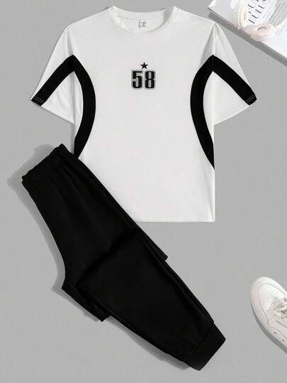 SHEIN 青少年男孩撞色印花 T 恤和裤子套装，休闲校园风格，舒适时尚，简约百搭，面料柔软，适合日常穿着、上学、旅行和户外活动