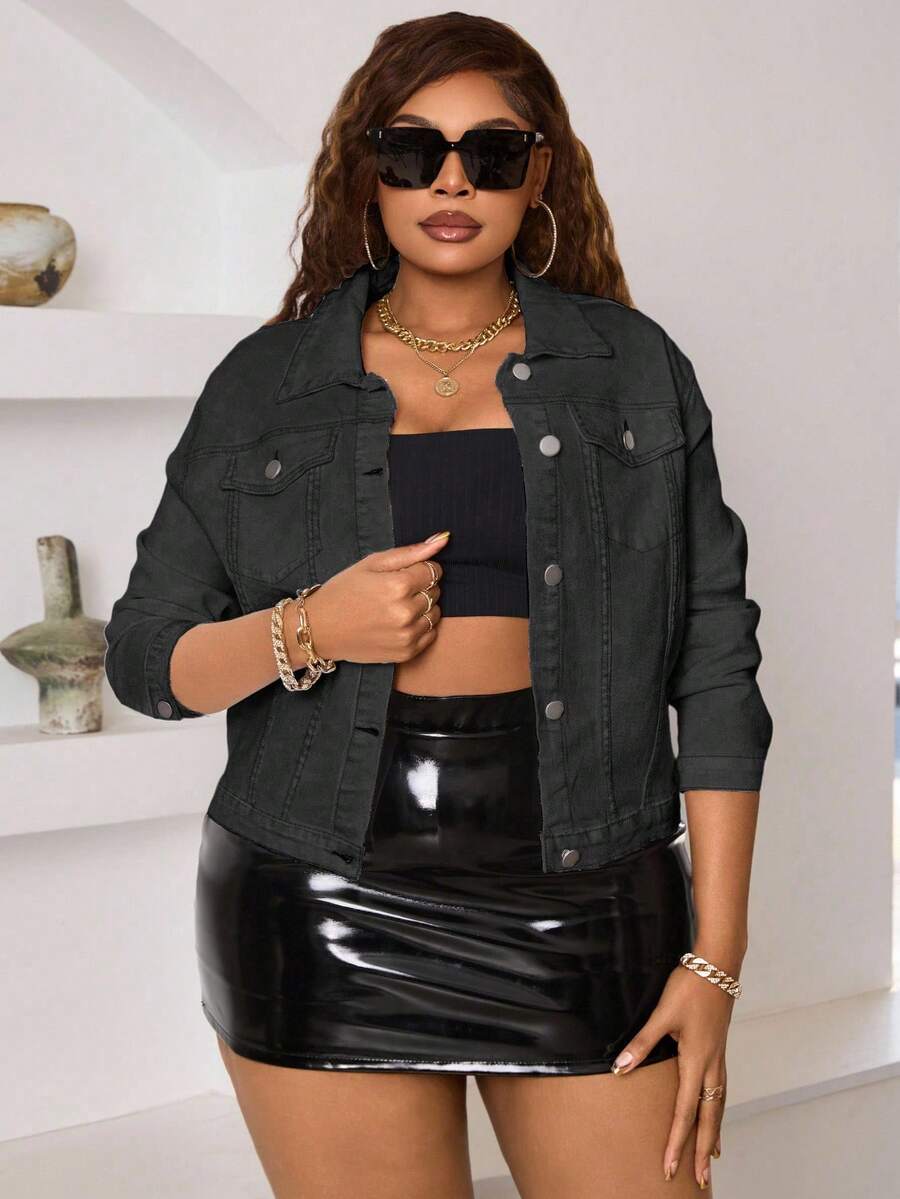 Slaydiva Áo khoác denim thường ngày cỡ lớn dành cho nữ có ve áo, thời trang dạo phố mùa xuân và thu - Xám - Xem 1