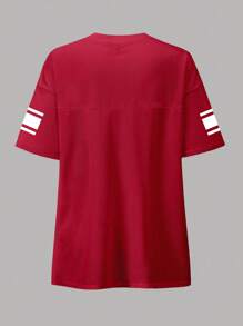 INAWLY Women's V-Neck T-Shirt With 81 Numeric Print, Sporty Style - Burgundy - View 2