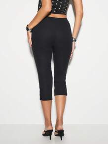 KIZN Capri Length High Waisted Leggings Stretchy Bengaline Fabric Dressy Evening Wear Form Fitting Bottoms Non See Through Pull On Office Wear Classic Pants - Black - View 2