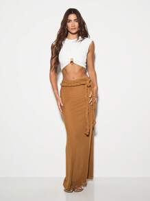 KIZN Flowy Maxi Skirt With Braided Belt Soft Mesh Resort Beachwear Summer Vacation Cover Up Side Draped Evening Party Long Floor Length - Brown - View 4