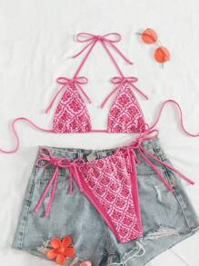 Swim Mod Bộ 2 đồ bơi nữ có nơ, họa tiết kỳ nghỉ hè gợi cảm, bikini màu hồng thanh lịch cho bãi biển - Nhiều màu - Xem 4