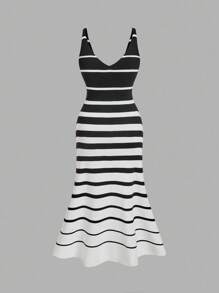 SHEIN MOD 加大码渐变条纹修身针织吊带毛衣裙，优雅针织吊带裙，适合秋冬季 - 黑與白 - 查看 2